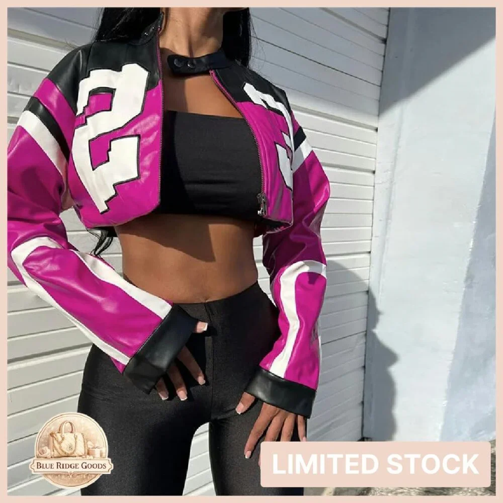 Cropped Faux Leather Bomber Jacket Y2K Motorcycle Style Streetwear Chic - Picture 2 of 6